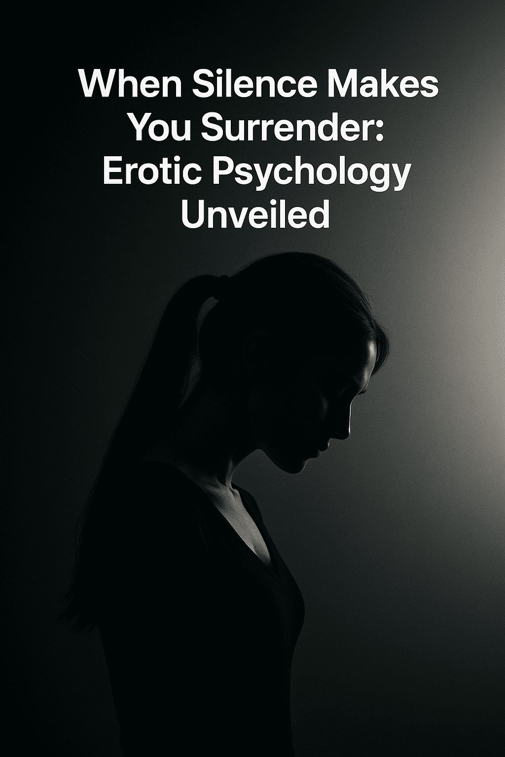 A digital black-and-white image of a silhouetted woman in profile, head bowed, with the title "When Silence Makes You Surrender: Erotic Psychology Unveiled" in bold white text above.