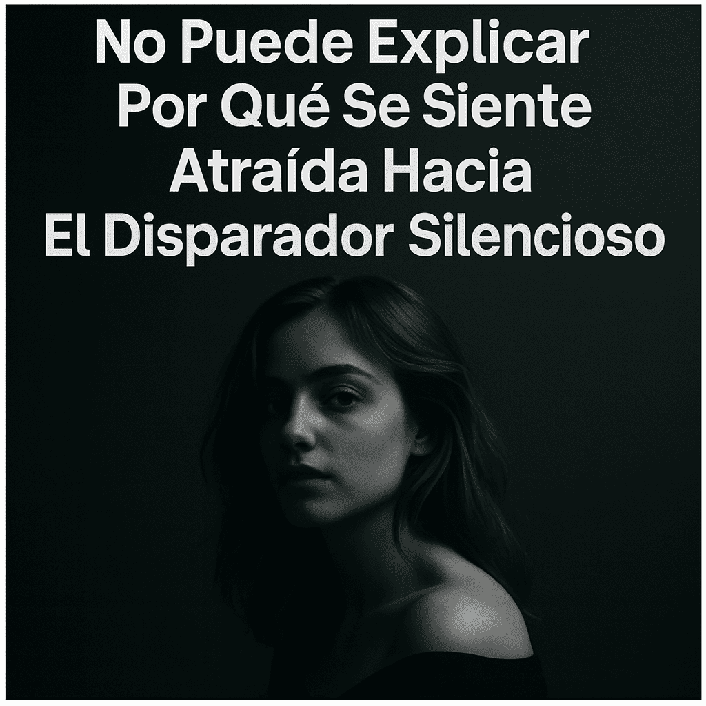 Una fotografía digital en blanco y negro de una joven con expresión enigmática, acompañada del texto: “Ella no puede explicar por qué se siente atraída por ti: El Disparador Silencioso”.