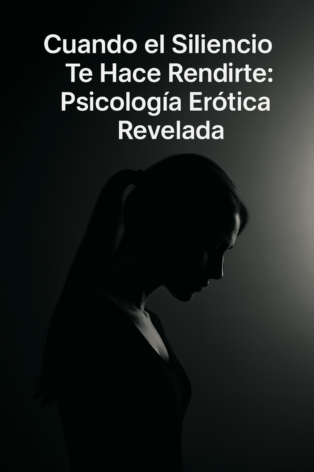 Retrato en blanco y negro de una joven en silencio, de perfil con la cabeza inclinada, iluminada suavemente desde un lado, con el texto: "Cuando el silencio te hace rendirte: Psicología erótica revelada".