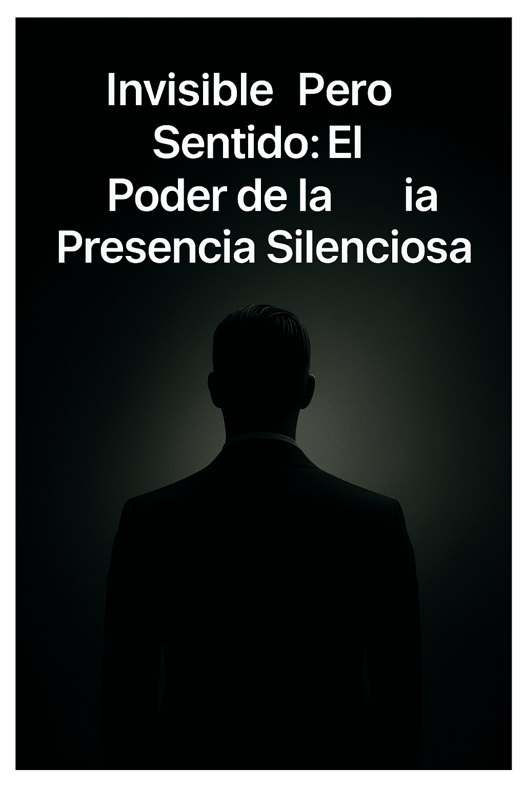 Un retrato oscuro en blanco y negro de un hombre visto desde atrás, iluminado tenuemente desde el fondo. El texto en la parte superior dice: "Invisible Pero Sentido: El Poder de la Presencia Silenciosa".