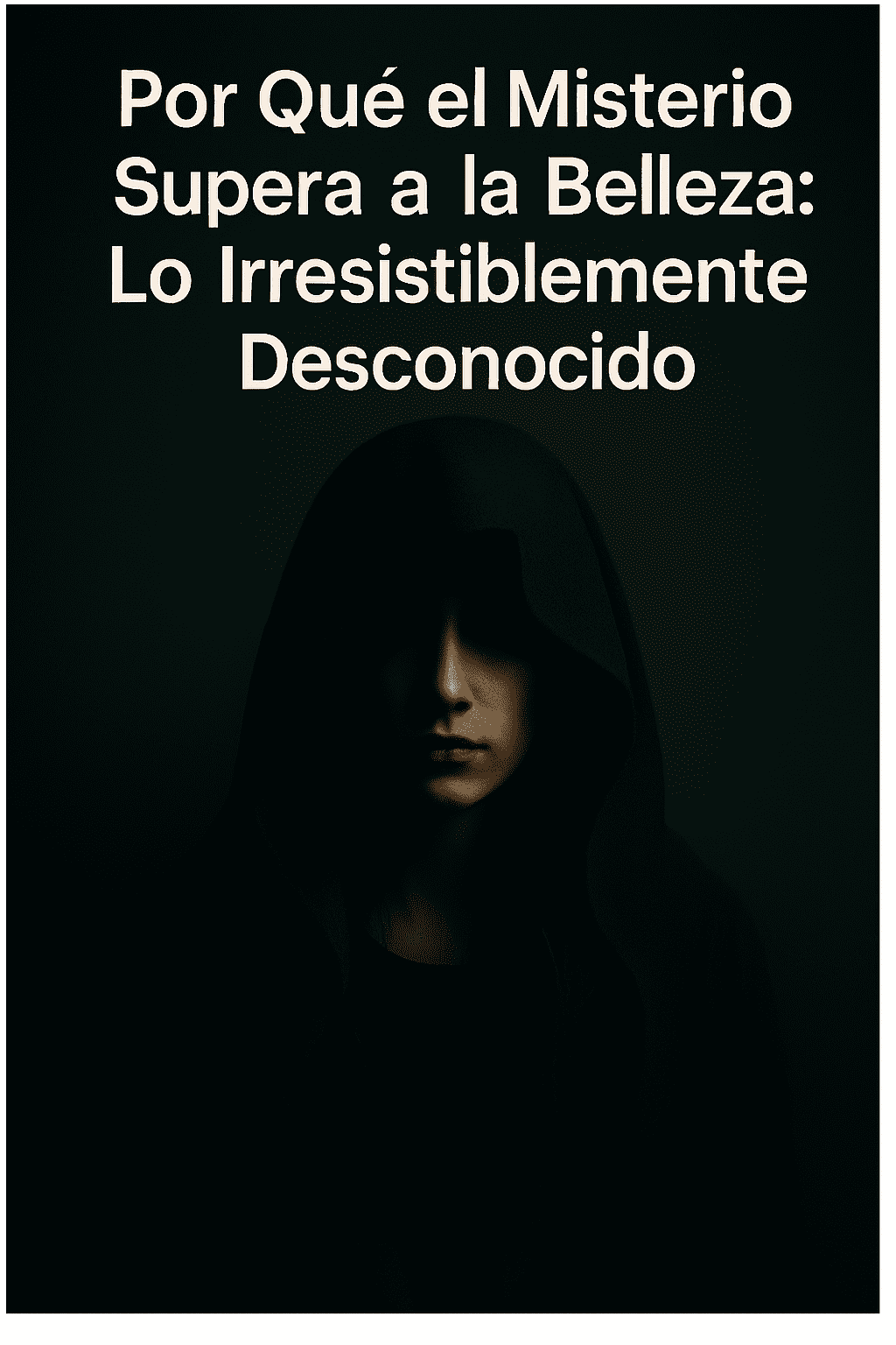 Retrato de una mujer joven con capucha negra en un entorno oscuro, transmitiendo misterio y atracción silenciosa, acompañado del texto “Por Qué el Misterio Supera a la Belleza: Lo Irresistiblemente Desconocido”.