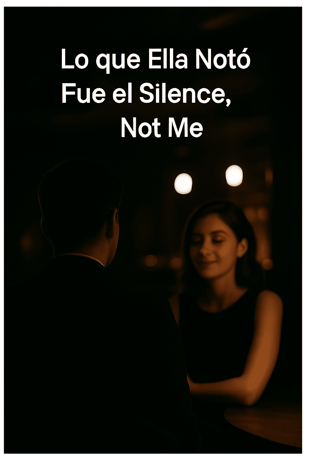 Un hombre de espaldas se sienta frente a una mujer que sonríe suavemente en un ambiente tenue de un salón elegante. El texto en la parte superior dice: "Lo que ella notó fue el silencio, no yo".