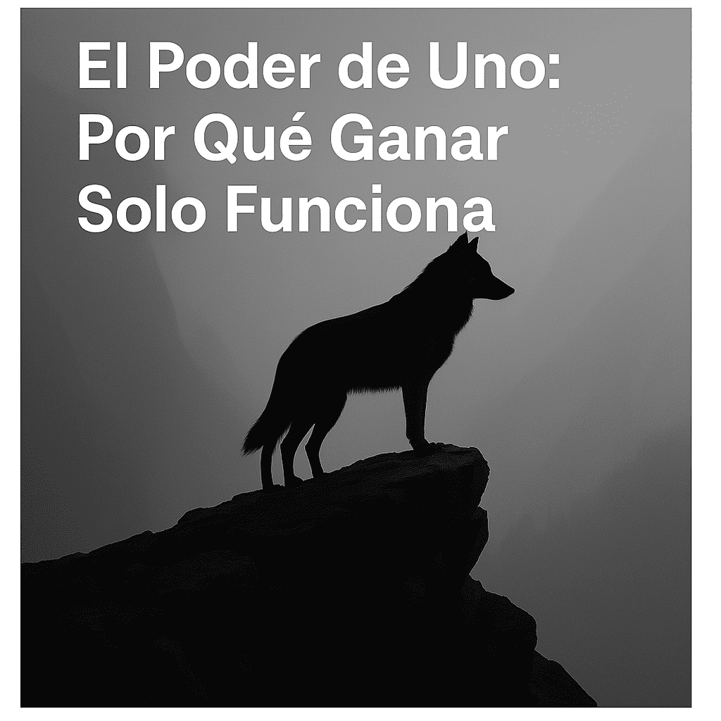 Una silueta de un lobo solitario de pie sobre un acantilado rocoso, con un fondo de montañas cubiertas de niebla. La imagen está en blanco y negro y transmite fuerza, independencia y soledad.