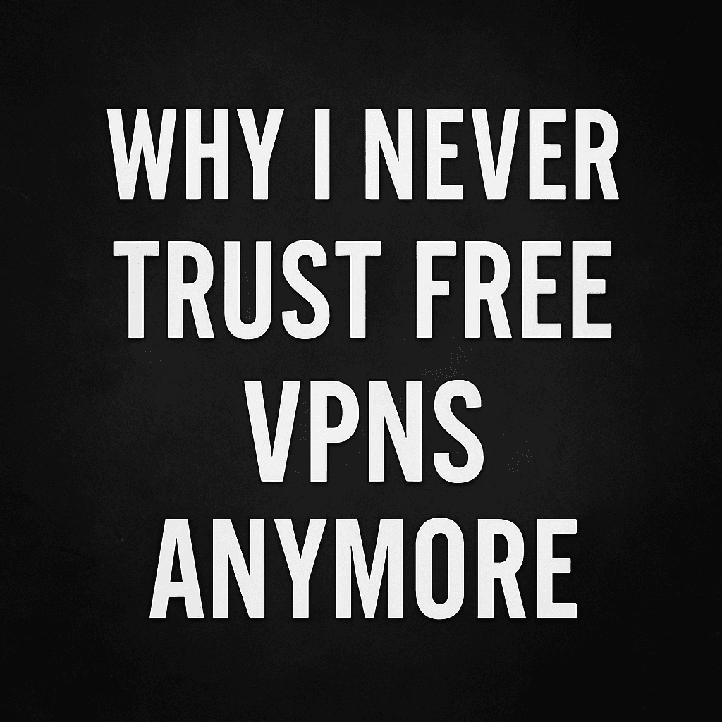 Dark-themed digital image with bold white capital text that reads 'Why I Never Trust Free VPNs Anymore' over a shadowed, encrypted-code background. Designed for Open Graph (OG) sharing.