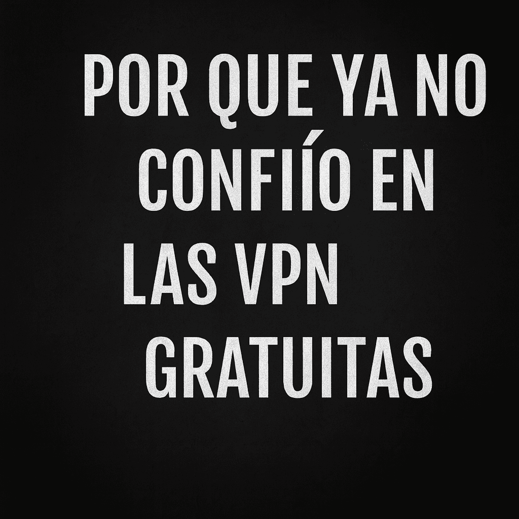 Imagen cuadrada de fondo oscuro con texto en mayúsculas blancas que dice: "POR QUÉ NUNCA CONFÍO EN LAS VPN GRATUITAS". Está diseñada como imagen de vista previa (OG image) para artículos sobre privacidad y seguridad en línea.