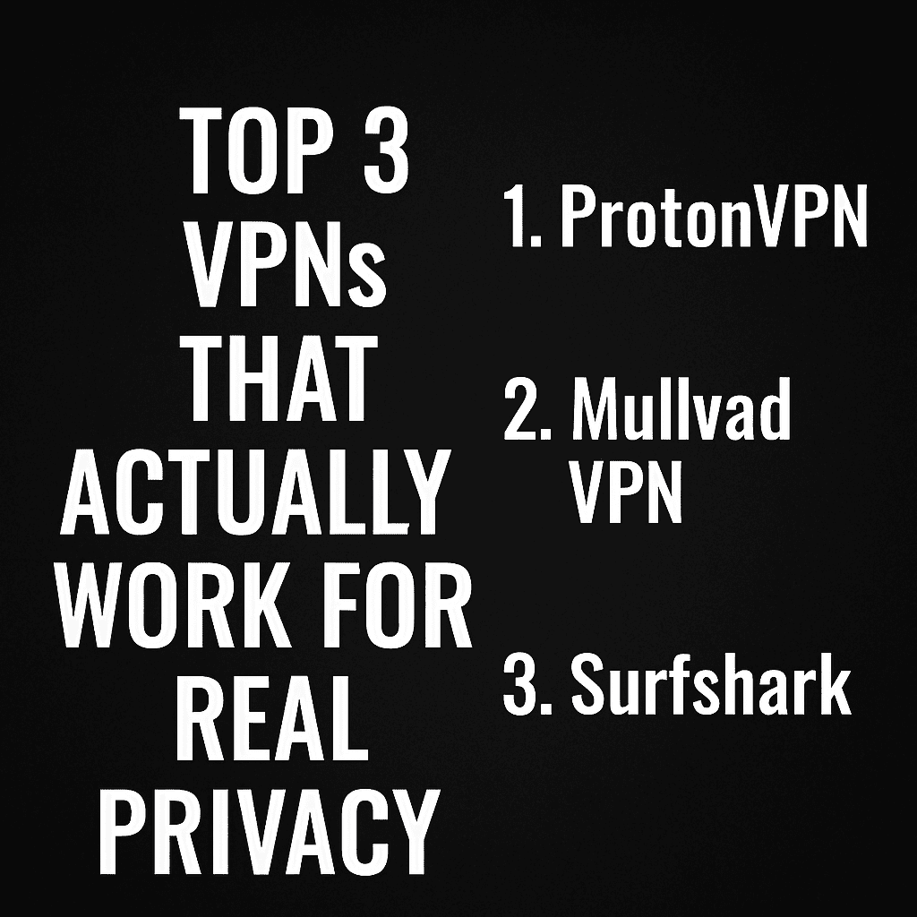 Dark-themed promotional graphic with bold white text that reads 'Top 3 VPNs That Actually Work for Real Privacy', set against a backdrop suggesting cybersecurity and online anonymity