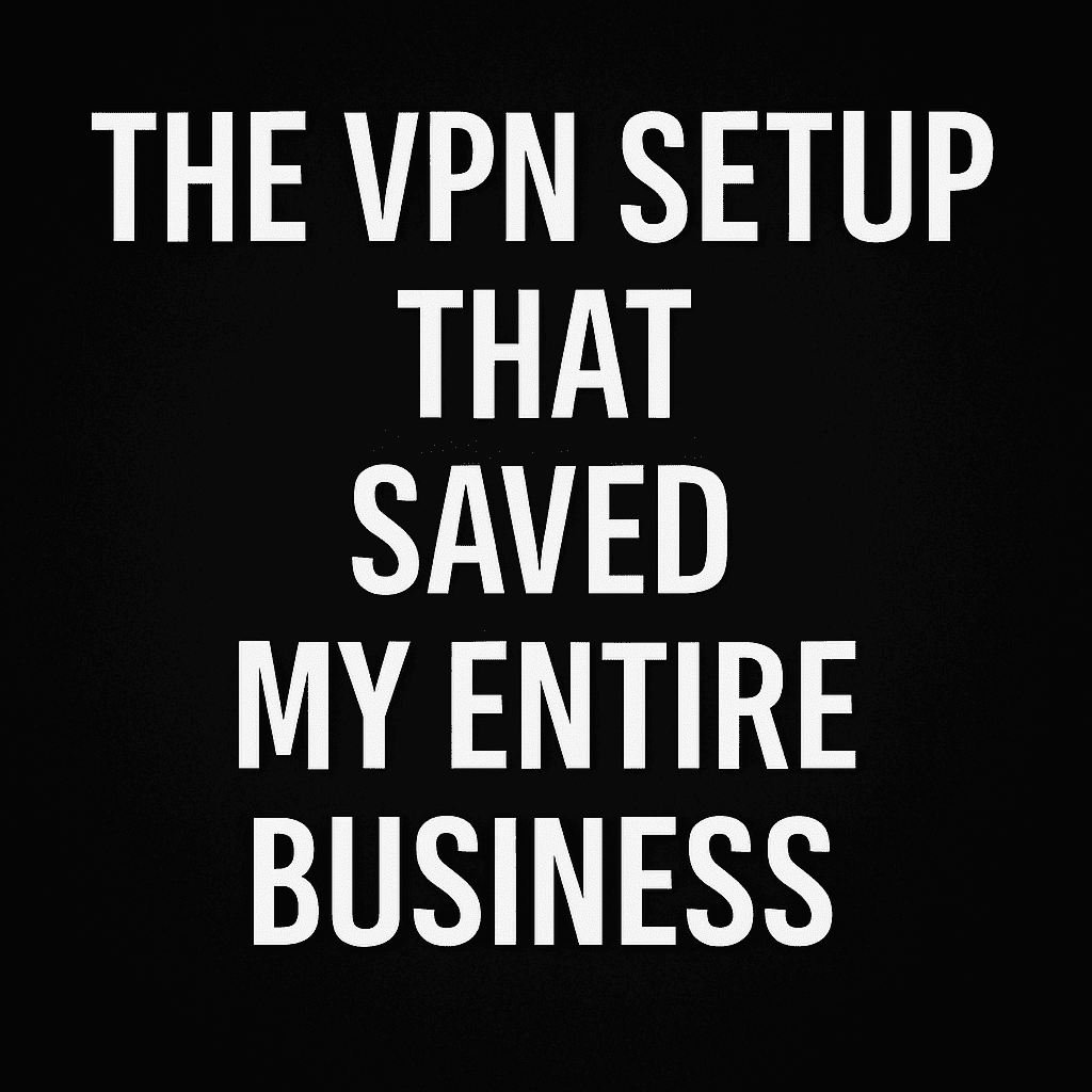 A dark-themed digital graphic with bold white text that reads: 'The VPN Setup That Saved My Entire Business'. The design evokes urgency and protection, set against a black background for emphasis.