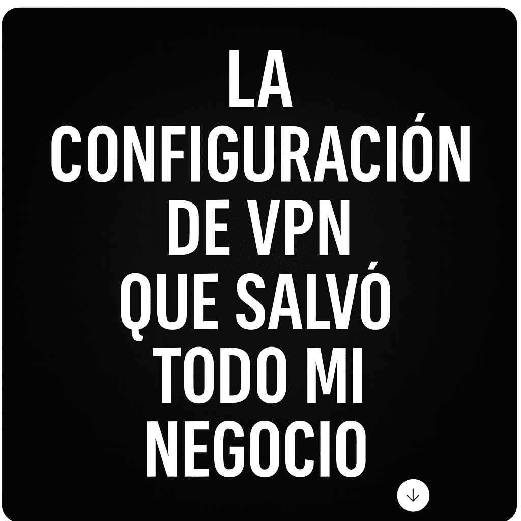Imagen cuadrada promocional con fondo negro y texto blanco en mayúsculas que dice: "LA CONFIGURACIÓN DE VPN QUE SALVÓ TODO MI NEGOCIO". El diseño transmite anonimato y seguridad.