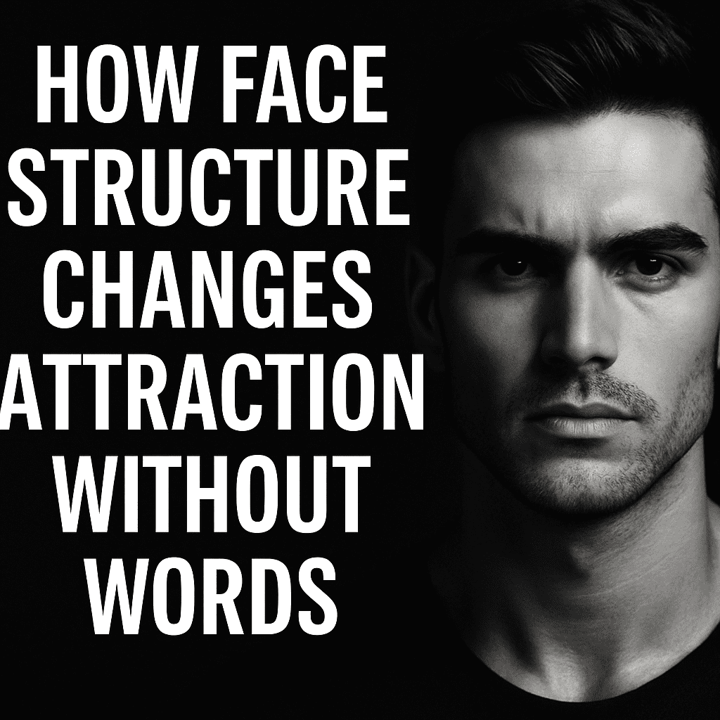 A digital promotional image with bold white text reading "How Face Structure Changes Attraction Without Words" on a black background. A grayscale side-profile of a person's symmetrical face subtly blends into the backdrop, suggesting silent influence through facial design.