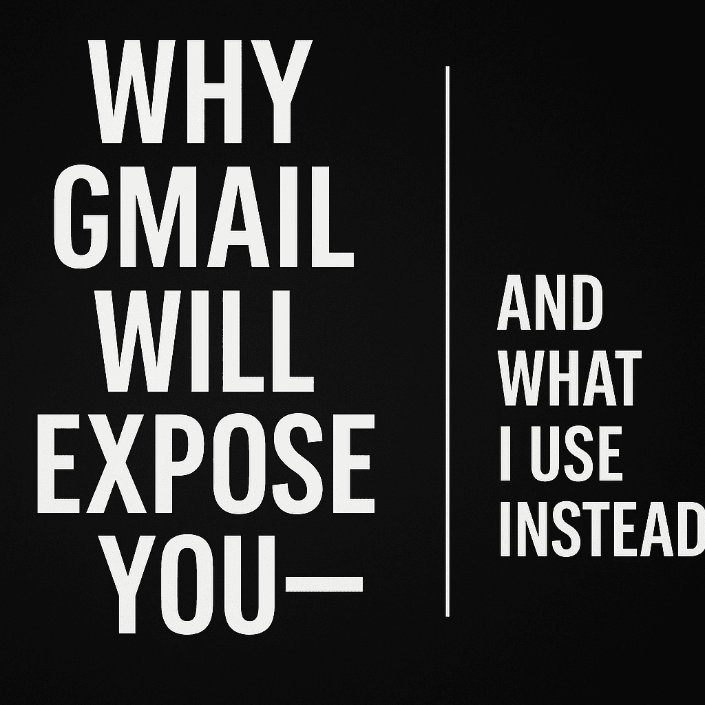 A digital graphic features bold, white, uppercase text reading 'Why Gmail Will Expose You—And What I Use Instead' on a solid black background. A subtle envelope icon is embedded behind the text, symbolizing email, with a red warning triangle to emphasize danger or risk.